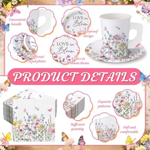 Pickmesh 252 Pcs Love in Bloom Tea Party Supplies for 36 Guests Wildflower Paper Disposable Dinnerware Flower Teacup with Handle and Saucers Set for Tea Party Decorations Birthday Baby Shower Wedding - Image 3