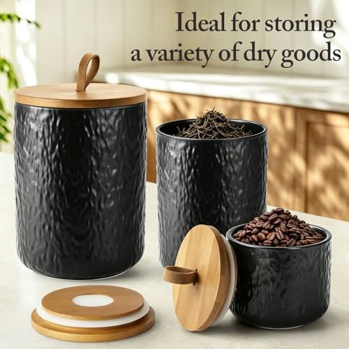 Ceramic Canister Set for Kitchen Countertop, 3 Airtight Food Storage Containers, Modern Coffee Storage Jars for Flour, Sugar, Pasta, Cookies, Tea(Black) - Image 5