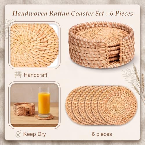 6 Pcs Rattan Coasters with Holder, Rattan Round Serving Tray Set - Image 3