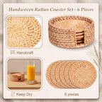 6 Pcs Rattan Coasters with Holder, Rattan Round Serving Tray Set - Image 3