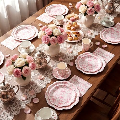 Pickmesh 252 Pcs Pink Bow Floral Tea Party Supplies for 36 Guests Flower Paper Disposable Dinnerware Flower Teacup with Handle and Saucers Set for Tea Party Decorations Birthday Baby Shower Wedding - Image 3