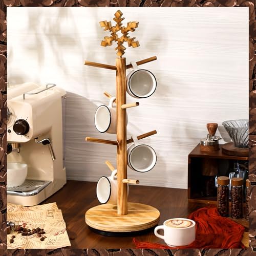 DoubleFill Christmas Tree Coffee Mug Holder 8 Hooks Snowflake Mug Holder for Countertop Snowflake Cup Rack Wood Christmas Tree Display for Winter Kitchen Coffee Accessories - Image 2