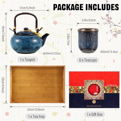 Layhit Japanese Asian Tea Set for Adults with 1 Teapot 6 Cups 1 Tray, 22 oz Traditional Portable Japanese Kiln Altered Glaze Porcelain Tea Set for Women Mother's Day Gifts(Blue) - Image 2