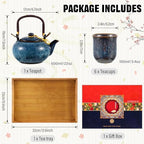 Layhit Japanese Asian Tea Set for Adults with 1 Teapot 6 Cups 1 Tray, 22 oz Traditional Portable Japanese Kiln Altered Glaze Porcelain Tea Set for Women Mother's Day Gifts(Blue) - Image 2