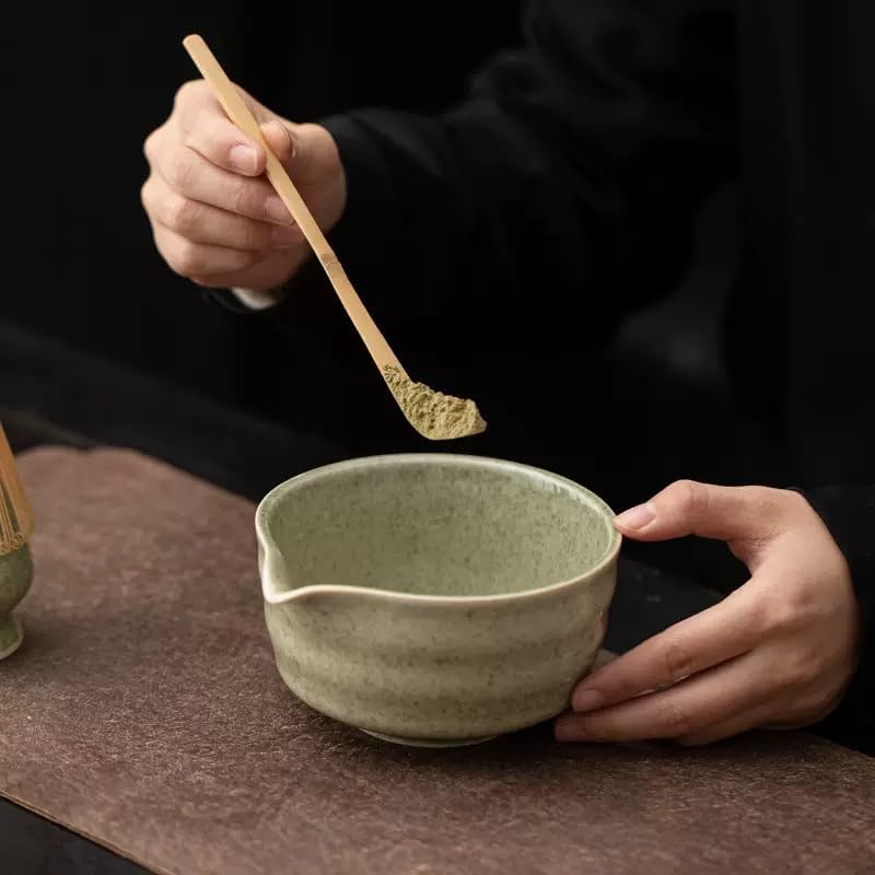 Traditional Japanese Matcha Tea Set, Handcrafted Ceramic Bowl with Bamboo Whisk, Scoop and Stand, Complete 4-Piece Ceremonial Kit for Tea Preparation (Green) - Image 2