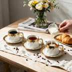 Coffee Cups with Saucers Set of 6, 6.8 oz (200 ml) Ceramic Coffee Cup Set with Gold Handles, Ribbed Brushstroke Design, 6 Cups, 6 Saucers and 6 Spoons, Elegant Coffee Set for Espresso, Cappuccino, Tea - Image 4