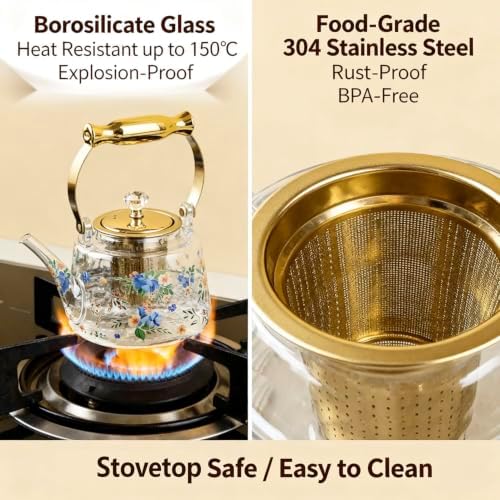 Glass Teapot Stovetop, Borosilicate Clear Tea Kettle Flowers 44 oz - Image 5