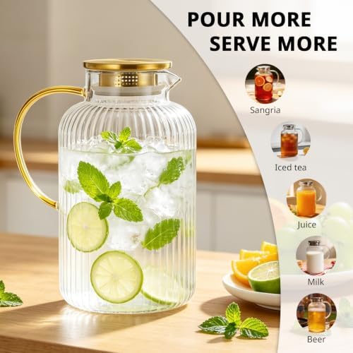 Bivvclaz 3 Liter 101 oz Stripes Gold Glass Pitcher with Lid and Handle - Image 7