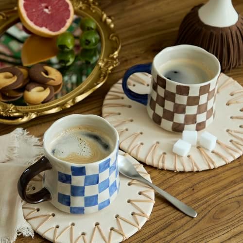 Hand-Painted Ceramic Coffee Mugs Set of 4 – 16oz Large Capacity Artistic Tea Cups with Checkerboard & Striped Patterns, Microwave & Dishwasher Safe for Home, Office, Kitchen (Summer Vibes Collection) - Image 2