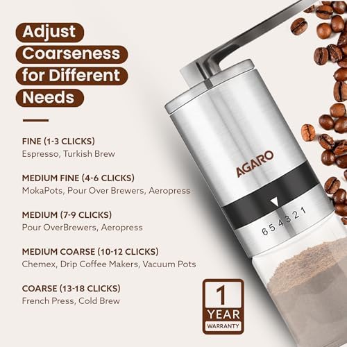 AGARO Elite Manual Coffee Grinder, Ceramic Grinder with Glass jar, 6 Adjustable Settings, Stainless Steel Body, Tooth Handle, No Power, Whole Bean, Drip Coffee, Espresso, Silver - Image 7