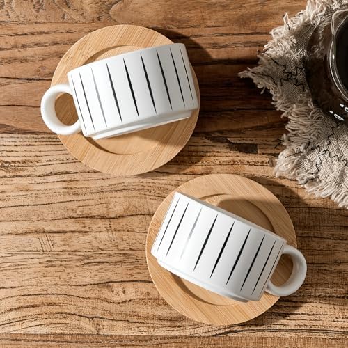 LUKA 6 Ounce Porcelain Stackable Espresso Cups with Saucers and Metal Stand Set of 4, Ceramic Cappuccino Cups Set for Specialty Coffee Drinks, Latte, Cafe Mocha and Tea, Stripes, White - Image 5