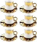 3.5oz Ceramic Turkish Coffee Cup Set of 6, Porcelain Espresso Cups and Saucers British Italian Cappuccino Cups with Gold Trim for Double Espresso Cappuccino Latte Mocha Tea (White) by Kytree