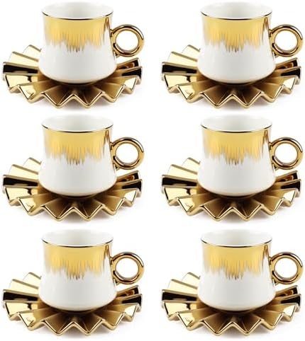 3.5oz Ceramic Turkish Coffee Cup Set of 6, Porcelain Espresso Cups and Saucers British Italian Cappuccino Cups with Gold Trim for Double Espresso Cappuccino Latte Mocha Tea (White) by Kytree