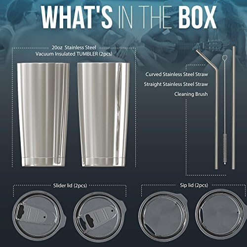 BluePeak Double Wall Vacuum Stainless Steel Insulated Tumblers Set, 2-Pack - Includes 2 Sipping Lids, 2 Spill-Proof Sliding Lids, 2 Straws, 1 Cleaning Brush & Gift Box (20 oz, Silver) - Image 3