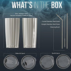 BluePeak Double Wall Vacuum Stainless Steel Insulated Tumblers Set, 2-Pack - Includes 2 Sipping Lids, 2 Spill-Proof Sliding Lids, 2 Straws, 1 Cleaning Brush & Gift Box (20 oz, Silver) - Image 3