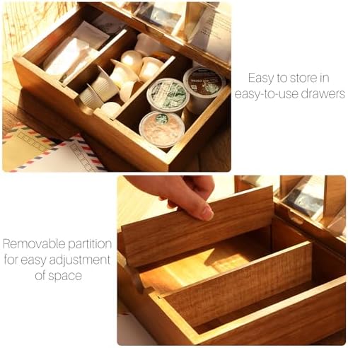 HTB Acacia Wood Tea Organizer 2 Tier with Drawer,Large Capacity - Image 3