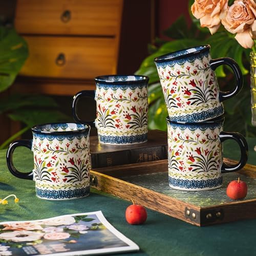 Ceramic Latte Mug Set of 4, 15.5oz Hand Painted Porcelain Coffee Cups With Big Handle - Modern,Retro Design For Any Kitchen. Microwave and Dishwasher Safe (The tulip) - Image 5