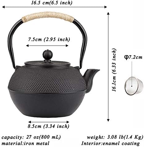 tetsubin Cast iron tea kettle japanese workshop teapot hobnail pattern with Stainless Steel Infuser（27oz Black） - Image 2