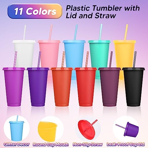 24 Pack Plastic Tumblers with Lids and Straw, Reusable Cups with Lids and Straws Colorful Cups for Cold Drink Iced Coffee, Plastic Tumbler Bulk for Party Birthday Gifts (24 oz, Stylish Colors) - Image 3