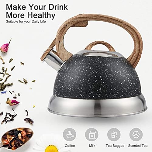 Creative Home 2.3 Qt. Stainless Steel Whistling Tea Kettle Teapot with Ergonomic Wood Rubber Touching Handle, Opaque Black with Speckle - Image 2
