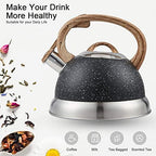 Creative Home 2.3 Qt. Stainless Steel Whistling Tea Kettle Teapot with Ergonomic Wood Rubber Touching Handle, Opaque Black with Speckle - Image 2