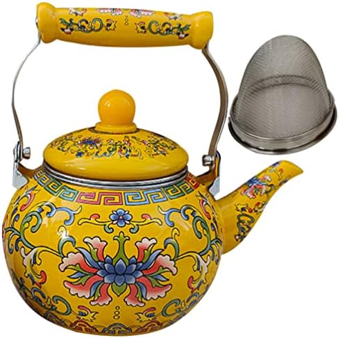 Healeved Enamel Tea Kettle with Ceramic Handle and Infuser 2.2L Water Kettle Coffee Pot Classic Floral Tea Kettle Steel Teapot for Stovetop Induction Cooker No Whistling Yellow by Healeved