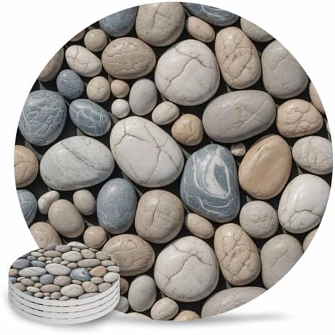 Coaster for Drinks 4 Pack,Abstract Natural Grey Cobblestone Absorbent Round Ceramic Stone with Cork Base,Modern Grey Pebble Stone Drink Coaster Cup Mats for Home Dining Coffee Tables by ZFUNCING