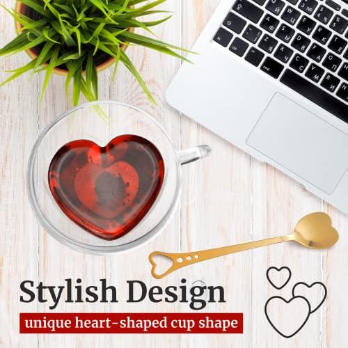 Heart Shaped Cup - Double Walled Insulated Glass Coffee Mug or Tea Cup - Double Wall Glass 8oz (240ml) - Clear - Unique & Insulated with Handle - With Teaspoon - Image 3