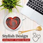 Heart Shaped Cup - Double Walled Insulated Glass Coffee Mug or Tea Cup - Double Wall Glass 8oz (240ml) - Clear - Unique & Insulated with Handle - With Teaspoon - Image 3