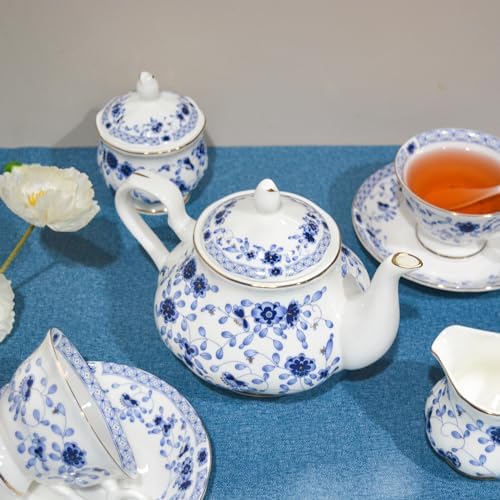 Bone China Tea Set, 21-Pieces Porcelain Tea Set for Adults, Tea Cups And Saucers for 6, with Teapot, Spoons, Sugar Bowl, Creamer Pitcher, Vintage Tea Set for Women Tea Party,Gift Box (Blue) - Image 3