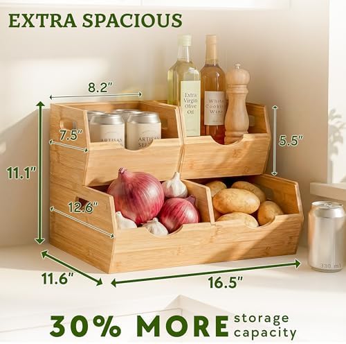 HOMESTEAD Extra Large Bamboo Pantry Storage Bins – 30% Larger, Stackable Potato Onion Storage Bin, Pantry Organizers and Storage, Produce Vegetable Organizer, Set of 3 - Image 2