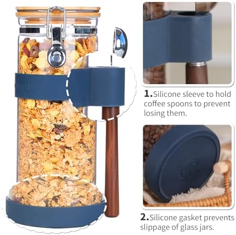 KKC Nut Storage Container Airtight Glass Jar 1500ml 50 oz - Airtight Pantry Storage Canister with Bamboo Lid, Silicone Protective Sleeve & 1 TBSP Long Wooden Handle Spoon for Walnut Almond Pecan - Image 5