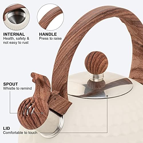 Whistling Stainless Steel Tea Kettle with Wood Grain Anti Heat Handle, Cylindrical Wood Grain Stainless Steel Cover, 2.6 Quart/2.5 Liter, Beige - Image 5
