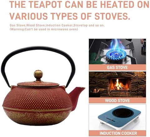 30.4oz Small Cast Iron Teapot with Infuser for Loose Tea & Coffee, Tea Pot Coated with Enameled Interior, Cast Iron Tea Kettle with Teacups for Adults, Exquite Cast Tea Set with 4PCS Iron Cups - Image 3