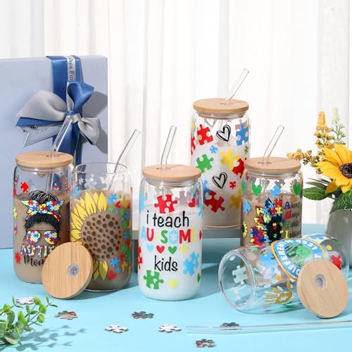 SiliFine 6 Pcs Autism Awareness Glass Cups, 16 oz with Lids - Image 2