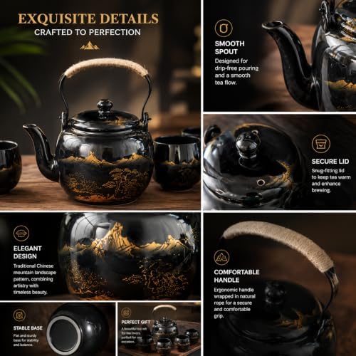 Japanese Tea Set, Black Porcelain Tea Set with 1 Teapot Set, 6 Tea Cups, 1 Tea Tray, 1 Stainless Infuser, Beautiful Asian Tea Sets for Adults, Tea Lover/Women/Men (Black Landscape) - Image 6