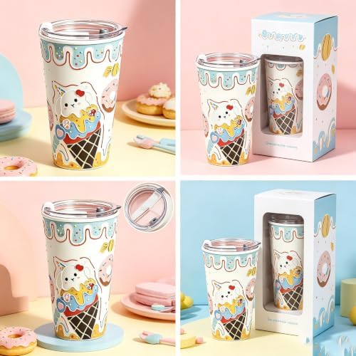 YQ&QMK 3D Embossed cartoon animals Ceramic Cup with Lid & Glass Straw, 16oz Hand-Painted Ice Cream Design Travel Coffee Tumbler, Cute Mug (Donut) - Image 6