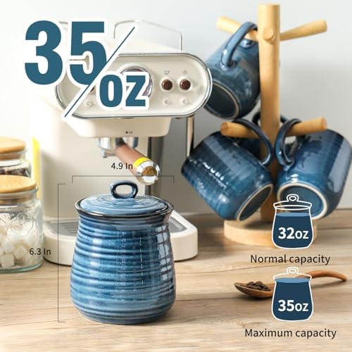 Ceramic Kitchen Canister, Large Food Storage Jar with Aritight Lid for Coffee,Tea,Sugar,Flour,Cookie,Candy,Cereal,Dog Treat, 35 oz Coffee Canister for Kitchen Countertop, Blue - Image 2