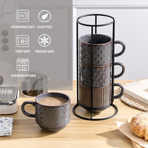 JIEMEI HOME Large Ceramic Coffee Mug Set of 4 with Stand, 15 Oz Stackable Embossment Ribbed Latte Cup Set for Cappuccino, Latte, Tea, Hot Cocoa, Drinks - Dishwasher & Microwave Safe, Dark Purple - Image 4