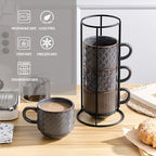 JIEMEI HOME Large Ceramic Coffee Mug Set of 4 with Stand, 15 Oz Stackable Embossment Ribbed Latte Cup Set for Cappuccino, Latte, Tea, Hot Cocoa, Drinks - Dishwasher & Microwave Safe, Dark Purple - Image 4