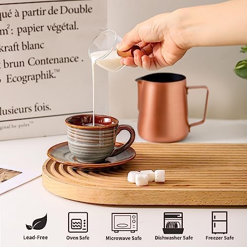 Ceramic Espresso Cups with Saucers 5 Oz,Set of 4 Porcelain Demitasse Cups Set,Small Coffee Cups with Handle for Coffee,Tea,Latte and Macchiato,Cappuccino Mugs for Kitchen and Cafe,Brown - Image 3