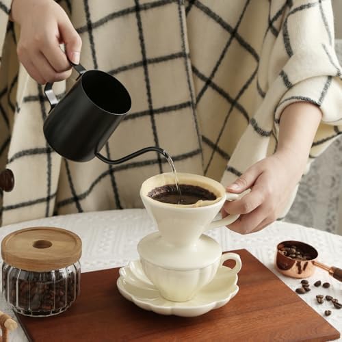 Ceramic Flower-shaped Tea Cup and Saucer Set 5oz/150ml Cappuccino Coffee Mug and Saucer, Unique Designer Pottery Gift for Tea Lovers (Ivory) - Image 6