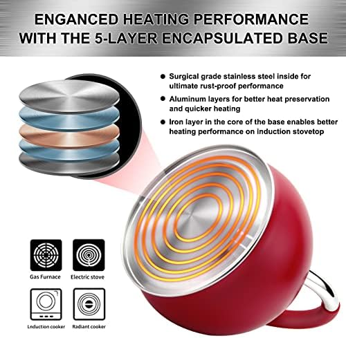 Whistling Tea Kettle for Stove Top Stainless Steel Tea Pot with Ergonomic Silicone Handle Teapot for Stovetop 3.2 Quart / 3 Liter Red - Image 4