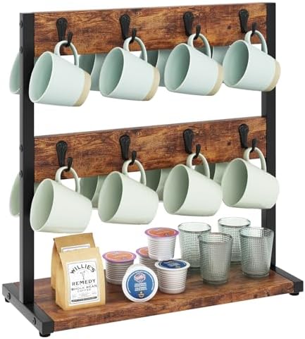 IBUYKE Coffee Mug Holder for Countertop,16 Hook Mug Tree,Brown TBJ001H by IBUYKE