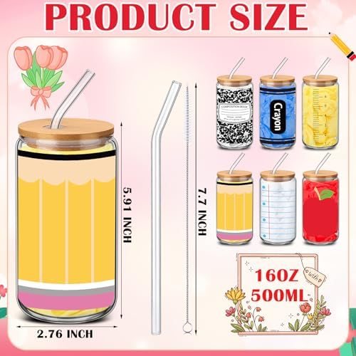 6 Pcs Back to School Gifts 16 oz Glass Cups with Lid and Straw - Image 3