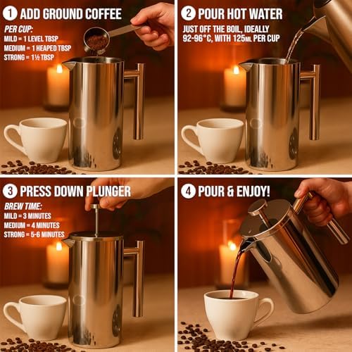 Red Ember Stainless Steel French Press 1L Cafetiere – Double Wall Insulated Coffee Maker, Unbreakable & Rust-Proof with 3-Layer Filter for Smooth, Rich Brew – Ideal for Home, Camping & Gifts - Image 4
