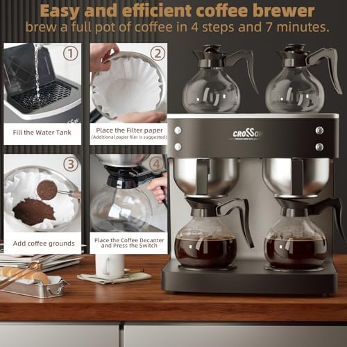 crosson 200 Cup/hour Commercial Drip Coffee Maker, 7.2L Pour Over Coffee Brewer with 4 Glass Decanter&Warmers and Easy Clean Fingerprint Free Housing and 304 Stainless Steel Funnel, - Image 3