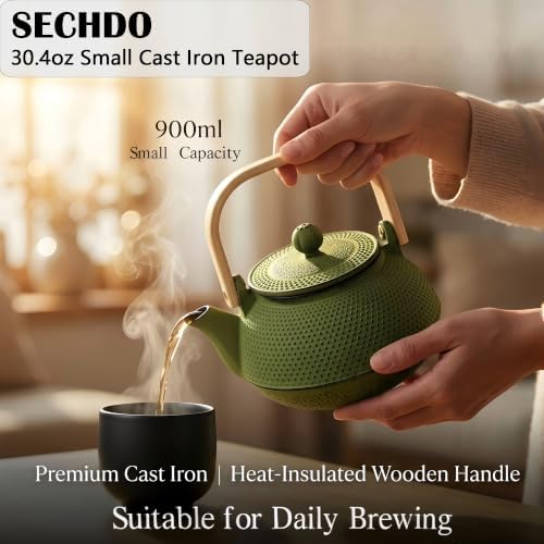 900ml Small Cast Iron Teapot with Wooden Handle, 30.4oz Green Tea Pot with Enamel Interior & Strainer, Durable Tea Kettle for Loose Leaf Tea, Suitable for Electric Stove & Induction Cooker - Image 2