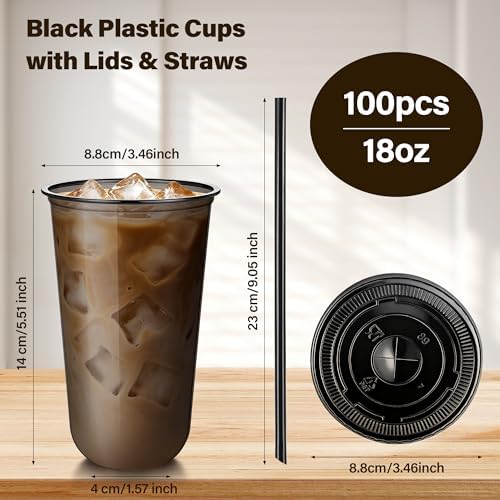 tchrules 100 Set 18oz Black Plastic Disposable Cups with Lids and Straws - Image 2