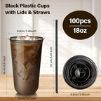 tchrules 100 Set 18oz Black Plastic Disposable Cups with Lids and Straws - Image 2